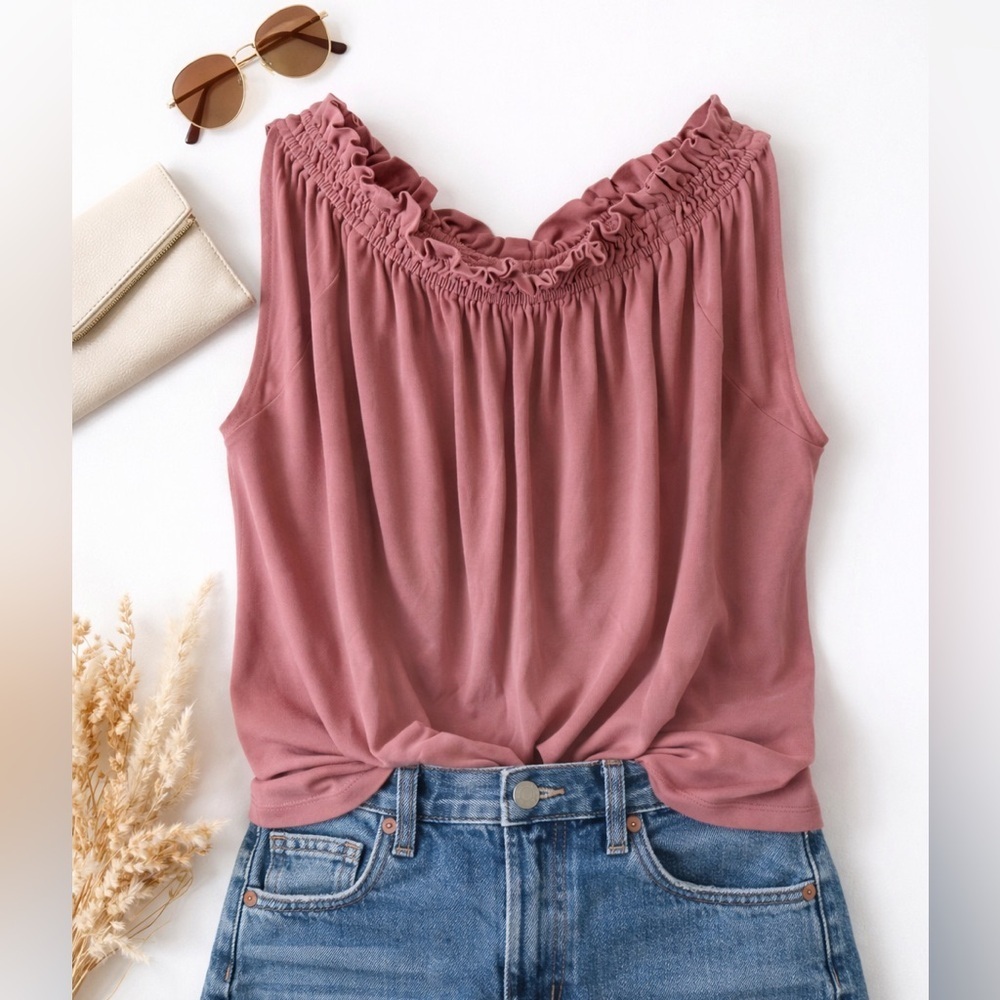 Lucky Brand Womenβs Smocked Ruffle Neck Boho Tank Top Modal Pink Size S